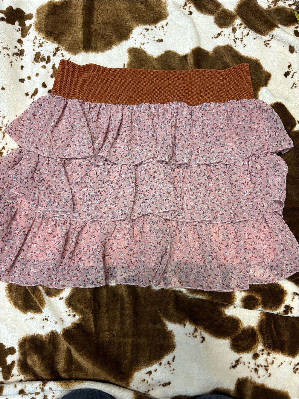Deb Pink Floral Tiered Ruffle Mini Skirt with Brown Lace-Up Waistband - Picture 7 of 9